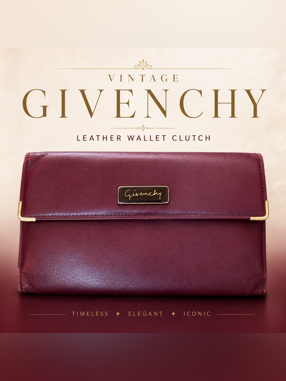 Givenchy Burgundy Leather Wallet Clutch with Gold Plaque